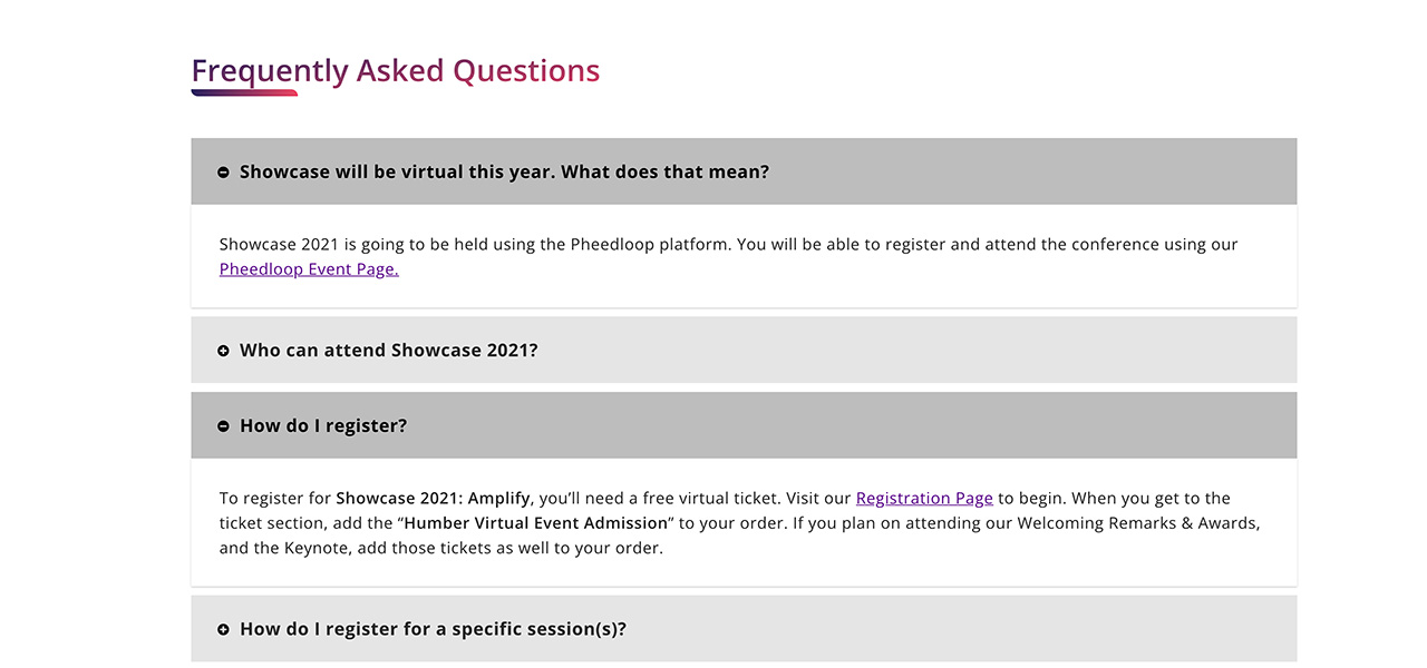Humber showcase 2021 website FAQ page